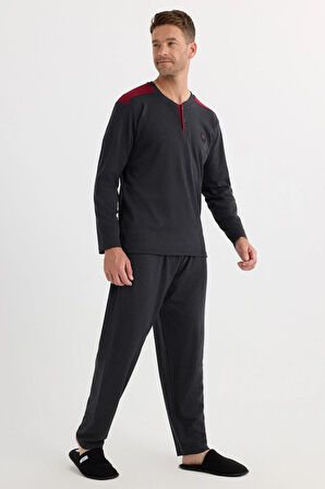 Erkek Regular Fit Pamuklu Düğmeli Yaka Beli Lastikli Desenli Gri Pijama Takımı