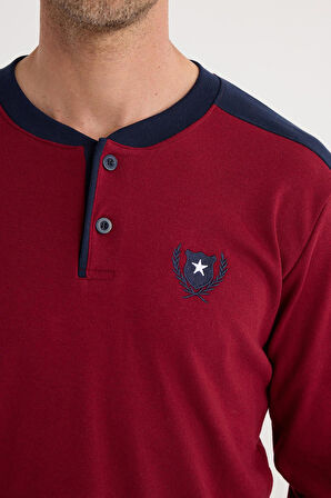 Erkek Regular Fit Pamuklu Düğmeli Yaka Beli Lastikli Desenli Bordo Pijama Takımı
