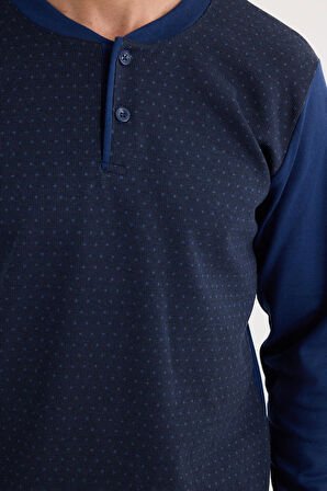 Erkek Regular Fit Pamuklu Düğmeli Yaka Beli Lastikli Desenli İndigo Pijama Takımı