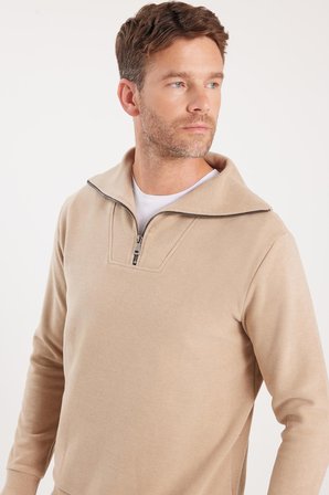 Unisex Relax Fit Rahat Kesim Fitilli Desenli Pamuklu Yarım Fermuarlı Bej Dik Yaka Sweatshirt