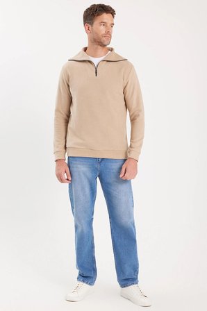 Unisex Relax Fit Rahat Kesim Fitilli Desenli Pamuklu Yarım Fermuarlı Bej Dik Yaka Sweatshirt