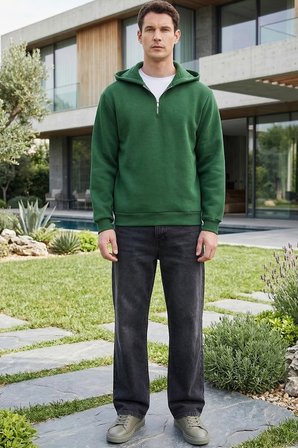 Unisex Relax Fit Rahat Kesim Pamuklu İçi Polarlı Yarım Fermuarlı Yeşil Kapüşonlu Sweatshirt
