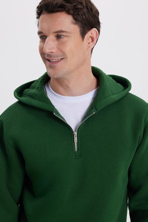 Unisex Relax Fit Rahat Kesim Pamuklu İçi Polarlı Yarım Fermuarlı Yeşil Kapüşonlu Sweatshirt