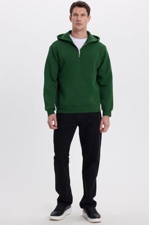 Unisex Relax Fit Rahat Kesim Pamuklu İçi Polarlı Yarım Fermuarlı Yeşil Kapüşonlu Sweatshirt