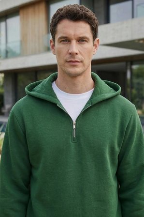 Unisex Relax Fit Rahat Kesim Pamuklu İçi Polarlı Yarım Fermuarlı Yeşil Kapüşonlu Sweatshirt