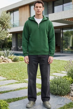 Unisex Relax Fit Rahat Kesim Pamuklu İçi Polarlı Yarım Fermuarlı Yeşil Kapüşonlu Sweatshirt