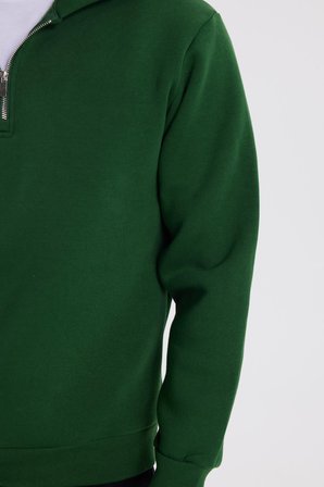Unisex Relax Fit Rahat Kesim Pamuklu İçi Polarlı Yarım Fermuarlı Yeşil Kapüşonlu Sweatshirt
