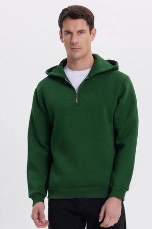 Unisex Relax Fit Rahat Kesim Pamuklu İçi Polarlı Yarım Fermuarlı Yeşil Kapüşonlu Sweatshirt