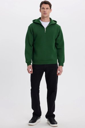 Unisex Relax Fit Rahat Kesim Pamuklu İçi Polarlı Yarım Fermuarlı Yeşil Kapüşonlu Sweatshirt
