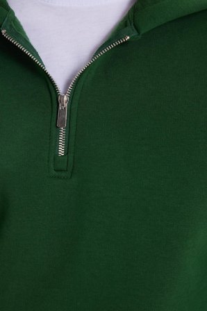 Unisex Relax Fit Rahat Kesim Pamuklu İçi Polarlı Yarım Fermuarlı Yeşil Kapüşonlu Sweatshirt