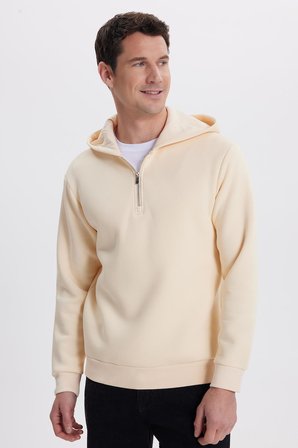 Unisex Relax Fit Rahat Kesim Pamuklu İçi Polarlı Yarım Fermuarlı Taş Kapüşonlu Sweatshirt
