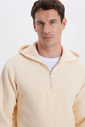 Unisex Relax Fit Rahat Kesim Pamuklu İçi Polarlı Yarım Fermuarlı Taş Kapüşonlu Sweatshirt