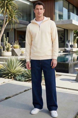 Unisex Relax Fit Rahat Kesim Pamuklu İçi Polarlı Yarım Fermuarlı Taş Kapüşonlu Sweatshirt