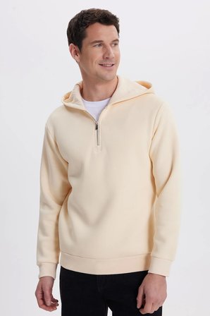 Unisex Relax Fit Rahat Kesim Pamuklu İçi Polarlı Yarım Fermuarlı Taş Kapüşonlu Sweatshirt