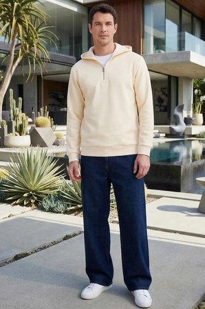 Unisex Relax Fit Rahat Kesim Pamuklu İçi Polarlı Yarım Fermuarlı Taş Kapüşonlu Sweatshirt