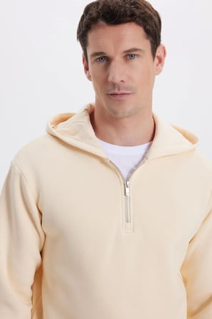 Unisex Relax Fit Rahat Kesim Pamuklu İçi Polarlı Yarım Fermuarlı Taş Kapüşonlu Sweatshirt