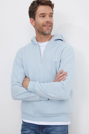 Unisex Relax Fit Rahat Kesim Pamuklu İçi Polarlı Yarım Fermuarlı Mavi Kapüşonlu Sweatshirt
