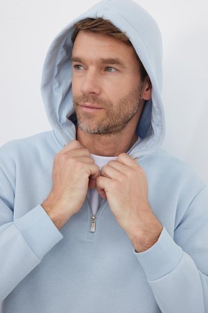 Unisex Relax Fit Rahat Kesim Pamuklu İçi Polarlı Yarım Fermuarlı Mavi Kapüşonlu Sweatshirt