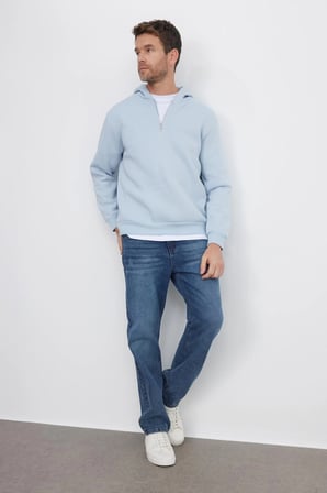 Unisex Relax Fit Rahat Kesim Pamuklu İçi Polarlı Yarım Fermuarlı Mavi Kapüşonlu Sweatshirt