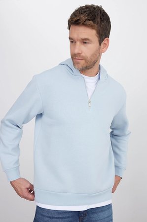 Unisex Relax Fit Rahat Kesim Pamuklu İçi Polarlı Yarım Fermuarlı Mavi Kapüşonlu Sweatshirt