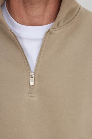 Unisex Relax Fit Rahat Kesim Pamuklu İçi Polarlı Yarım Fermuarlı Taş Renk Kapüşonlu Sweatshirt