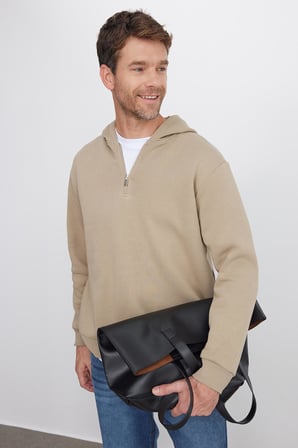 Unisex Relax Fit Rahat Kesim Pamuklu İçi Polarlı Yarım Fermuarlı Taş Renk Kapüşonlu Sweatshirt