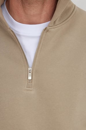 Unisex Relax Fit Rahat Kesim Pamuklu İçi Polarlı Yarım Fermuarlı Taş Renk Kapüşonlu Sweatshirt