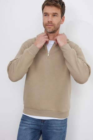 Unisex Relax Fit Rahat Kesim Pamuklu İçi Polarlı Yarım Fermuarlı Taş Renk Kapüşonlu Sweatshirt