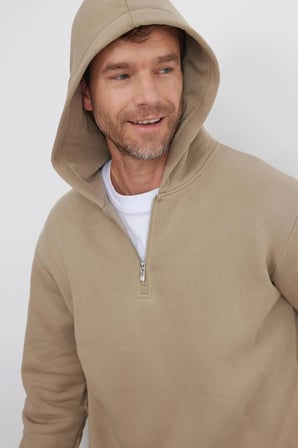 Unisex Relax Fit Rahat Kesim Pamuklu İçi Polarlı Yarım Fermuarlı Taş Renk Kapüşonlu Sweatshirt