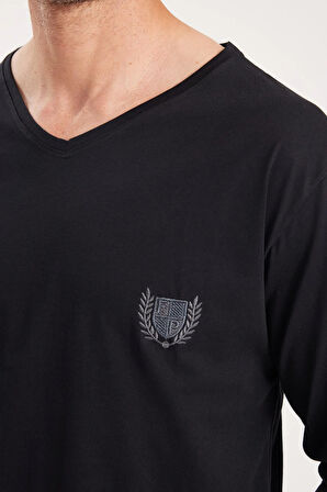 Erkek Standart Fit %100 Pamuk V Yaka Beli Lastikli Siyah Pijama Takımı