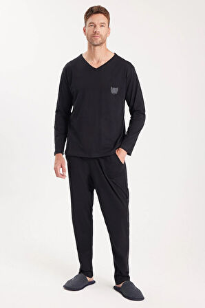 Erkek Standart Fit %100 Pamuk V Yaka Beli Lastikli Siyah Pijama Takımı