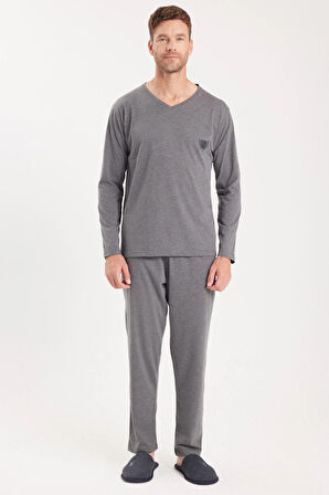 Erkek Standart Fit %100 Pamuk V Yaka Beli Lastikli Gri Pijama Takımı