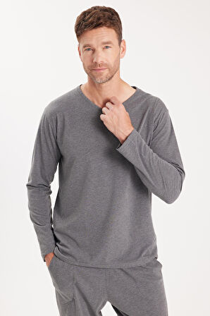 Erkek Standart Fit %100 Pamuk V Yaka Beli Lastikli Gri Pijama Takımı