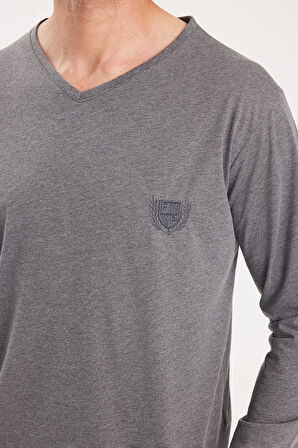 Erkek Standart Fit %100 Pamuk V Yaka Beli Lastikli Gri Pijama Takımı