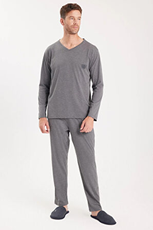 Erkek Standart Fit %100 Pamuk V Yaka Beli Lastikli Gri Pijama Takımı