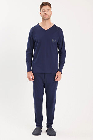 Erkek Standart Fit %100 Pamuk V Yaka Beli Lastikli Lacivert Pijama Takımı