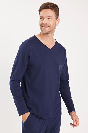 Erkek Standart Fit %100 Pamuk V Yaka Beli Lastikli Lacivert Pijama Takımı