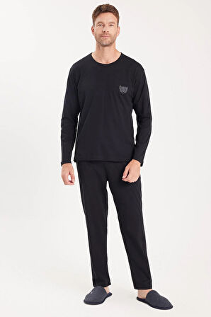 Erkek Standart Fit %100 Pamuk Bisiklet Yaka Beli Lastikli Siyah Pijama Takımı