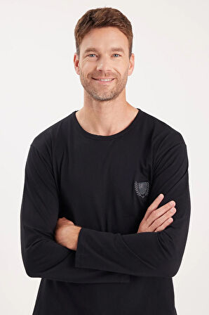 Erkek Standart Fit %100 Pamuk Bisiklet Yaka Beli Lastikli Siyah Pijama Takımı