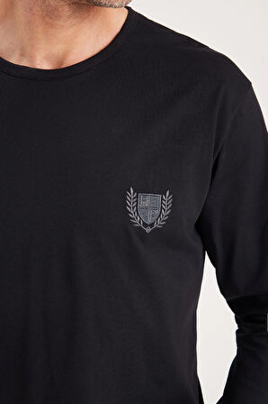 Erkek Standart Fit %100 Pamuk Bisiklet Yaka Beli Lastikli Siyah Pijama Takımı