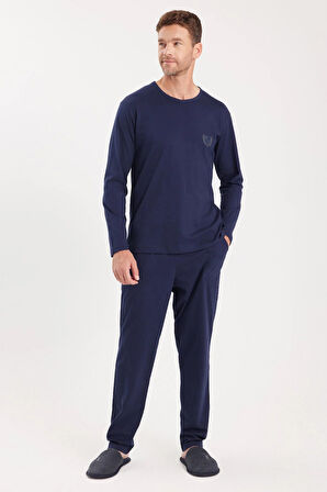 Erkek Standart Fit %100 Pamuk Bisiklet Yaka Beli Lastikli Lacivert Pijama Takımı