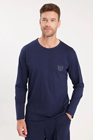 Erkek Standart Fit %100 Pamuk Bisiklet Yaka Beli Lastikli Lacivert Pijama Takımı