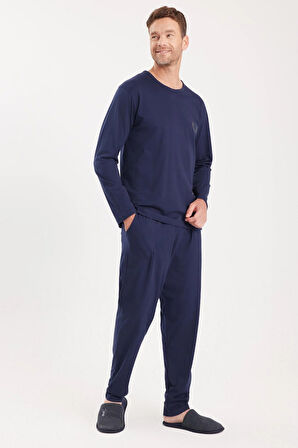 Erkek Standart Fit %100 Pamuk Bisiklet Yaka Beli Lastikli Lacivert Pijama Takımı