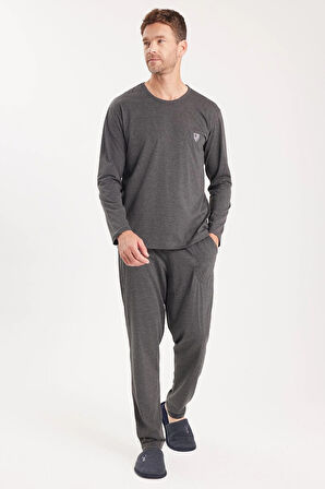 Erkek Standart Fit %100 Pamuk Bisiklet Yaka Beli Lastikli Antrasit Pijama Takımı