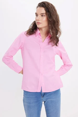 Kadın Slim Fit Dar Kesim Uzun Kollu Pamuklu Vücuda Oturan Dokulu Pembe Basic Gömlek
