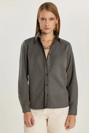 Kadın Slim Fit Dar Kesim Uzun Kollu Pamuklu Vücuda Oturan Dokulu Antrasit Basic Gömlek