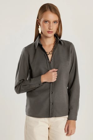 Kadın Slim Fit Dar Kesim Uzun Kollu Pamuklu Vücuda Oturan Dokulu Antrasit Basic Gömlek