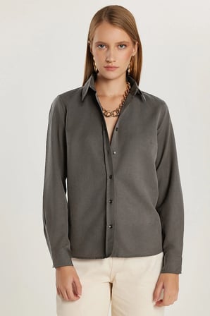 Kadın Slim Fit Dar Kesim Uzun Kollu Pamuklu Vücuda Oturan Dokulu Antrasit Basic Gömlek
