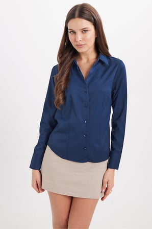 Kadın Slim Fit Dar Kesim Pensli Vucüda Oturan Klasik Yaka Uzun Kollu Likralı Lacivert Gömlek