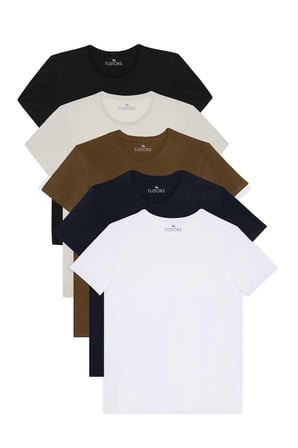 Unisex 5'li Paket Siyah-Beyaz-Taş-Lacivert-Haki Slim Fit Dar Kesim %100 Pamuk Bisiklet Yaka Tişört